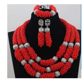 Silver & Red Beads Wedding Jewelry Set