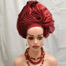 Elegant Red Auto Gele Headtie Aso Oke