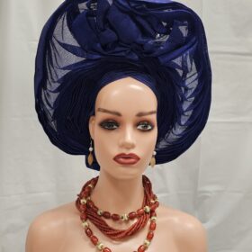 Elegant Royal Blue African Auto Gele Ready-Made Headtie