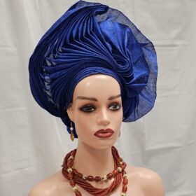 Beautiful Elegant Royal Blue African Auto Gele Ready-Made Headtie