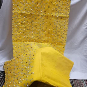 Beautiful Yellow Aso Oke Headtie with Shoulder Shawl set