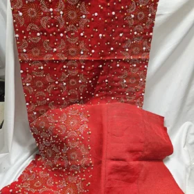 Beautiful Red Bridal Aso Oke Headtie with Shoulder Shawl set